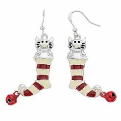 Celebrate Together™ Silver Tone Enamel Christmas Nickel Free Cat Stocking Earrings